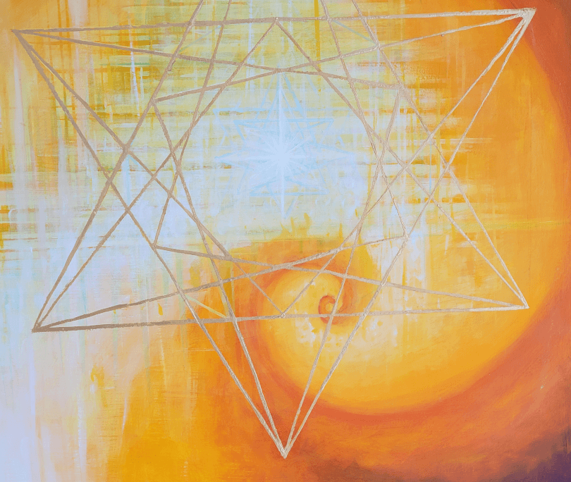 creation painting detail - composition with a golden spiral and star tetrahedron as the source of creation.