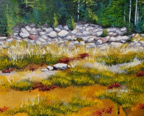 detail of a painting of a landscape with rocks and trees