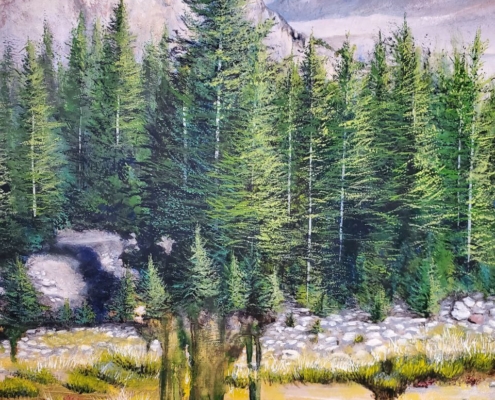 detail of a painting of a landscape with rocks and trees