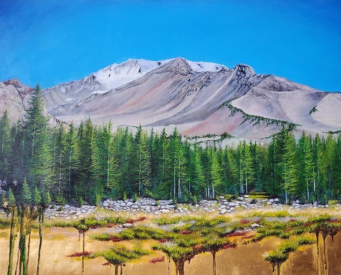 a landscape painting of Mt Shasta as see from Panther Meadows
