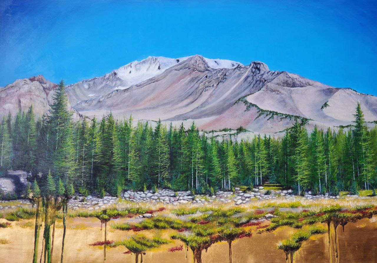 a landscape painting of Mt Shasta as see from Panther Meadows