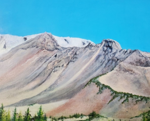 detail of a painting of a landscape with rocks and trees