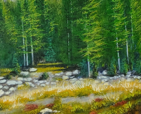 detail of a painting of a landscape with rocks and tree