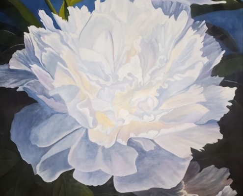 A painting of white peony flowers on a dark background showing the different stages of the life of the plant, from roots and decay, to buds and blossoming.