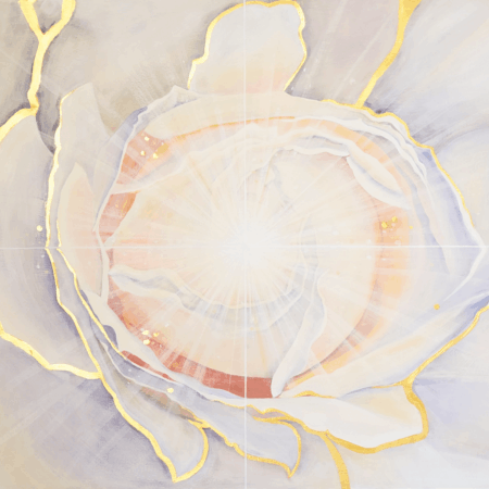 photo of painting of a blossoming white rose, with light radiating out from the center