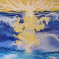 The Lighting Dance painting of a transparent golden Ganesha dancing in a turbulent sky with lighting emanating from the tip of his helmet.