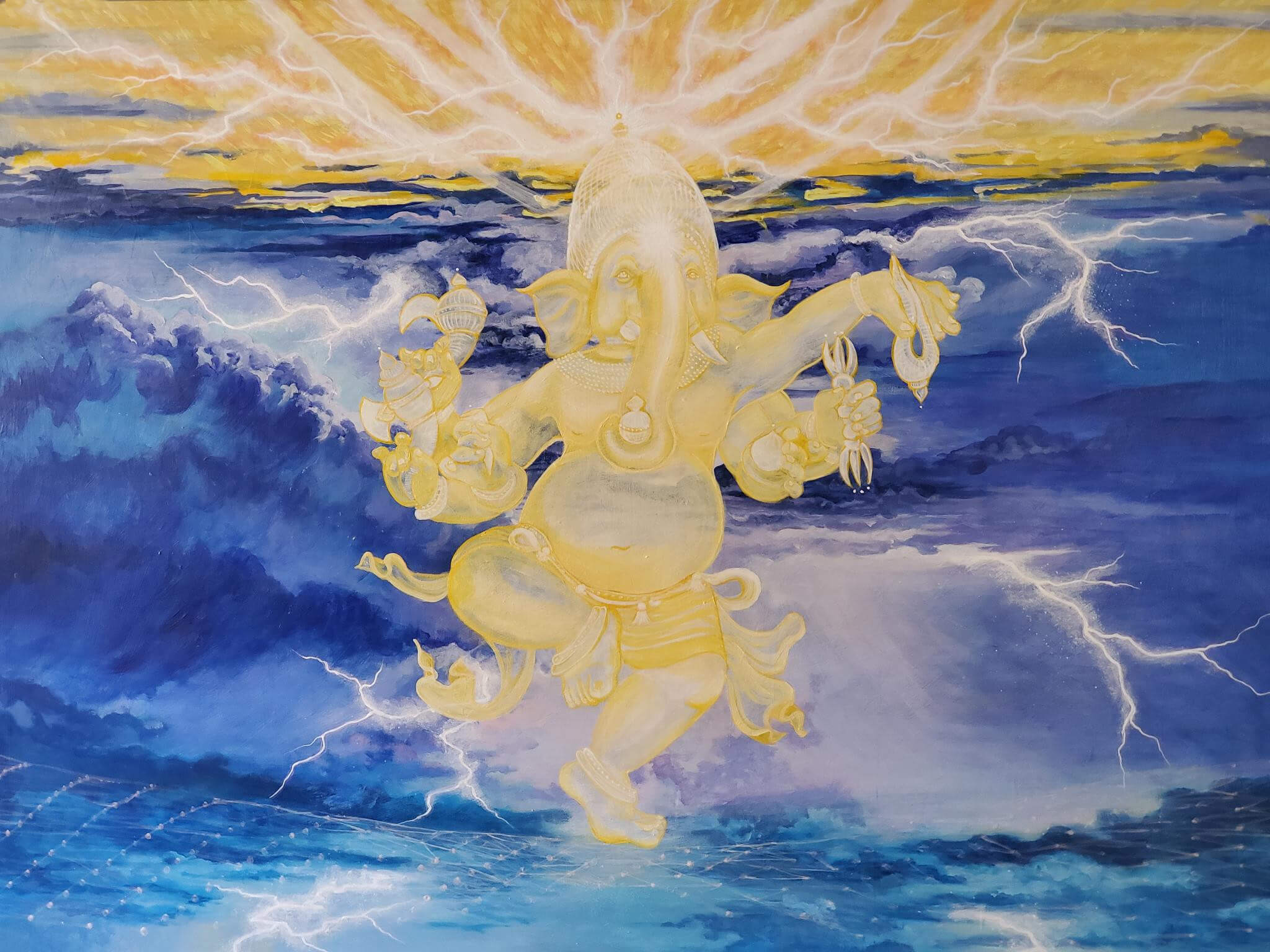 The Lighting Dance painting of a transparent golden Ganesha dancing in a turbulent sky with lighting emanating from the tip of his helmet.