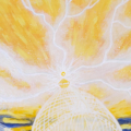 A detail from the Lighting Dance painting of a transparent golden Ganesha dancing in a turbulent sky with lighting emanating from the tip of his helmet.