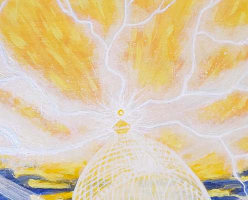 A detail from the Lighting Dance painting of a transparent golden Ganesha dancing in a turbulent sky with lighting emanating from the tip of his helmet.