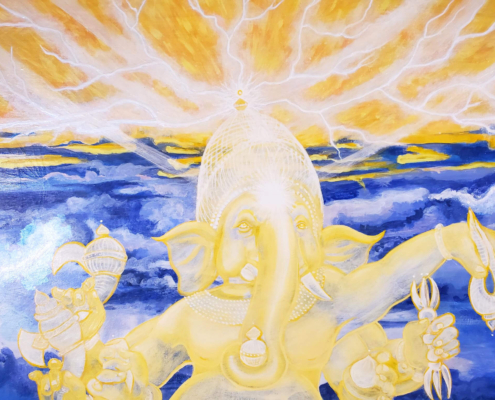 A detail from the Lighting Dance painting of a transparent golden Ganesha dancing in a turbulent sky with lighting emanating from the tip of his helmet.