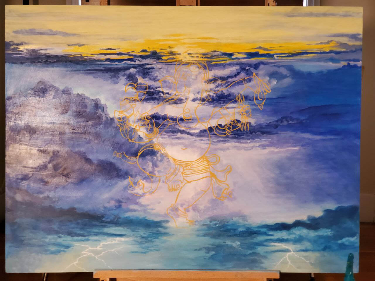 A work in process detail from the Lighting Dance painting of a transparent golden Ganesha dancing in a turbulent sky with lighting emanating from the tip of his helmet.