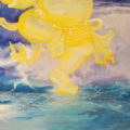 A detail from the Lighting Dance painting of a transparent golden Ganesha dancing in a turbulent sky with lighting emanating from the tip of his helmet.