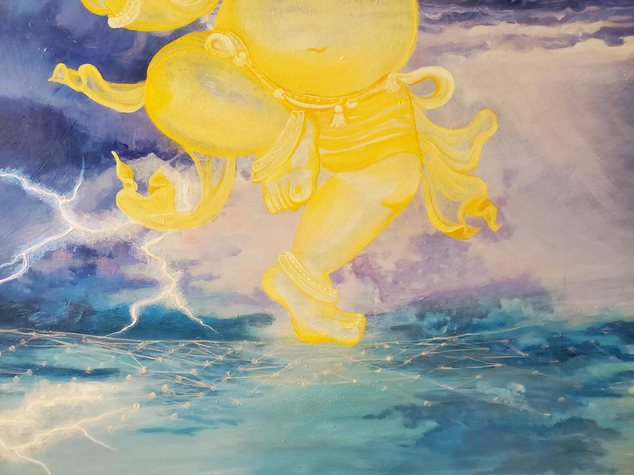 A detail from the Lighting Dance painting of a transparent golden Ganesha dancing in a turbulent sky with lighting emanating from the tip of his helmet.