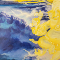 A detail from the Lighting Dance painting of a transparent golden Ganesha dancing in a turbulent sky with lighting emanating from the tip of his helmet.