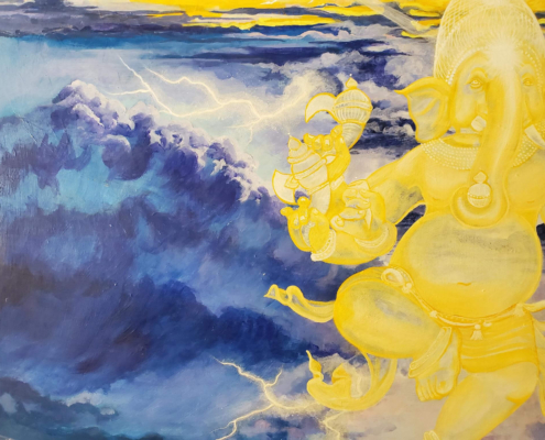 A detail from the Lighting Dance painting of a transparent golden Ganesha dancing in a turbulent sky with lighting emanating from the tip of his helmet.