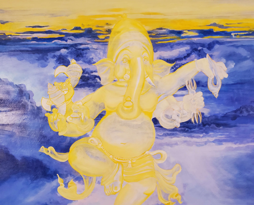A detail from the Lighting Dance painting of a transparent golden Ganesha dancing in a turbulent sky with lighting emanating from the tip of his helmet.