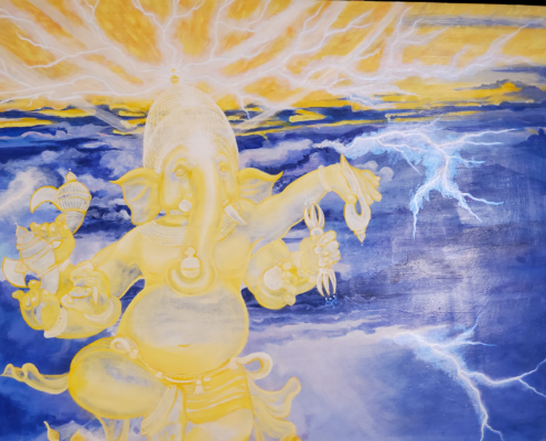 A detail from the Lighting Dance painting of a transparent golden Ganesha dancing in a turbulent sky with lighting emanating from the tip of his helmet.