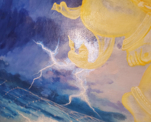 A detail from the Lighting Dance painting of a transparent golden Ganesha dancing in a turbulent sky with lighting emanating from the tip of his helmet.