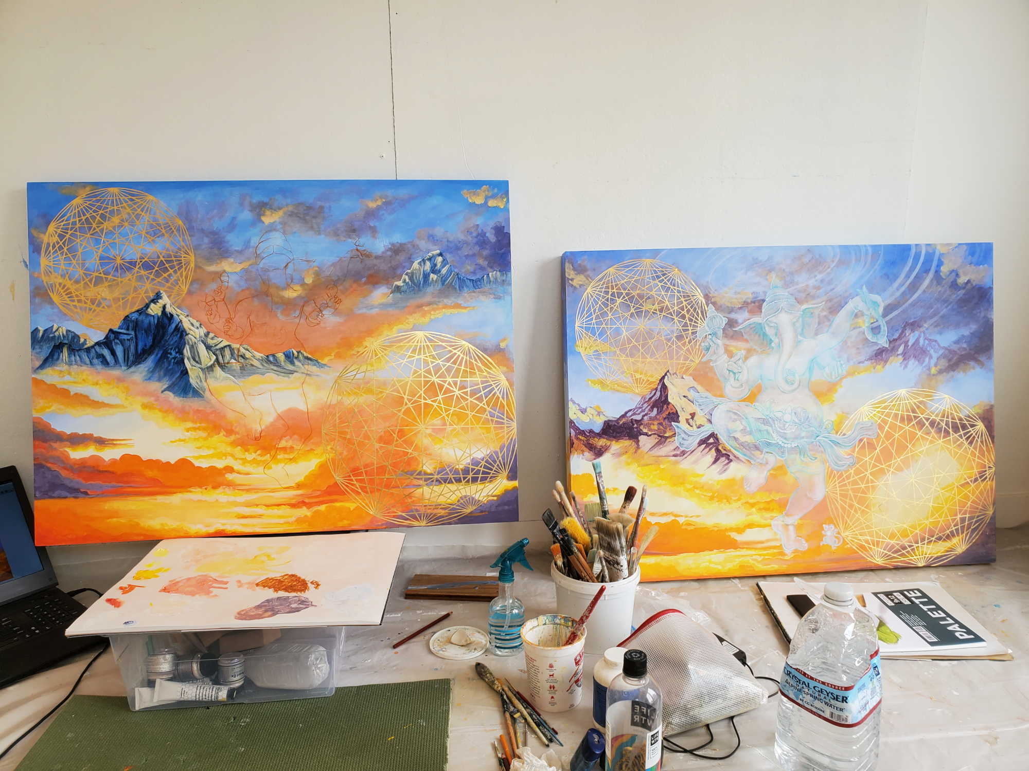The first iteration of Lightning Dance Painting in progress, next to Sky Dance in the studio.