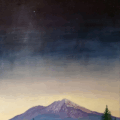 Twilight painting by Yohanna Jessup – Mt Shasta at dusk with stars and pine trees
