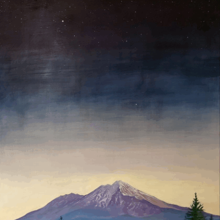Twilight painting by Yohanna Jessup – Mt Shasta at dusk with stars and pine trees