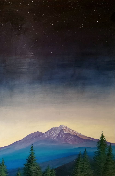 Twilight painting by Yohanna Jessup – Mt Shasta at dusk with stars and pine trees