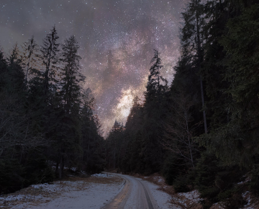 A road going through a winter forest at night with stars above symbolizing the creative journey, trusting the invisible.