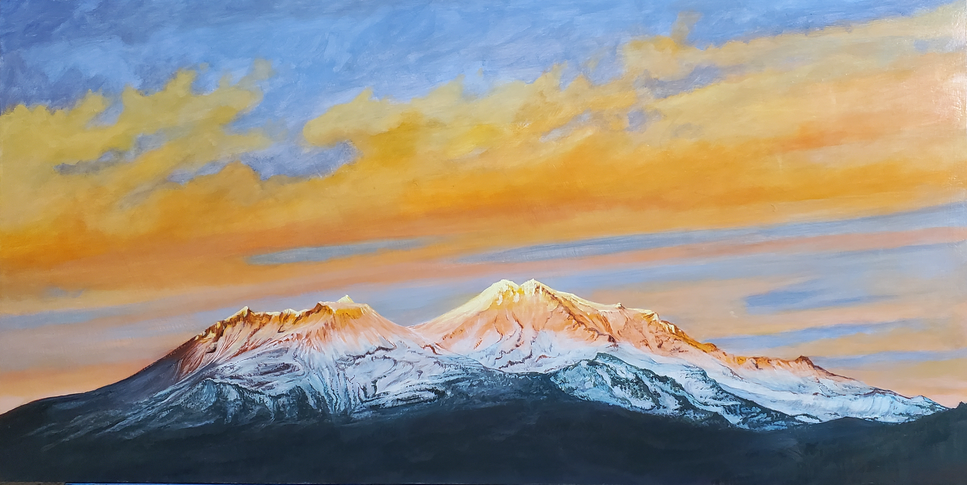 00_mount-shasta-southern-sunset-painting-yohanna-jessup Mount Shasta southern face at sunset, original landscape painting