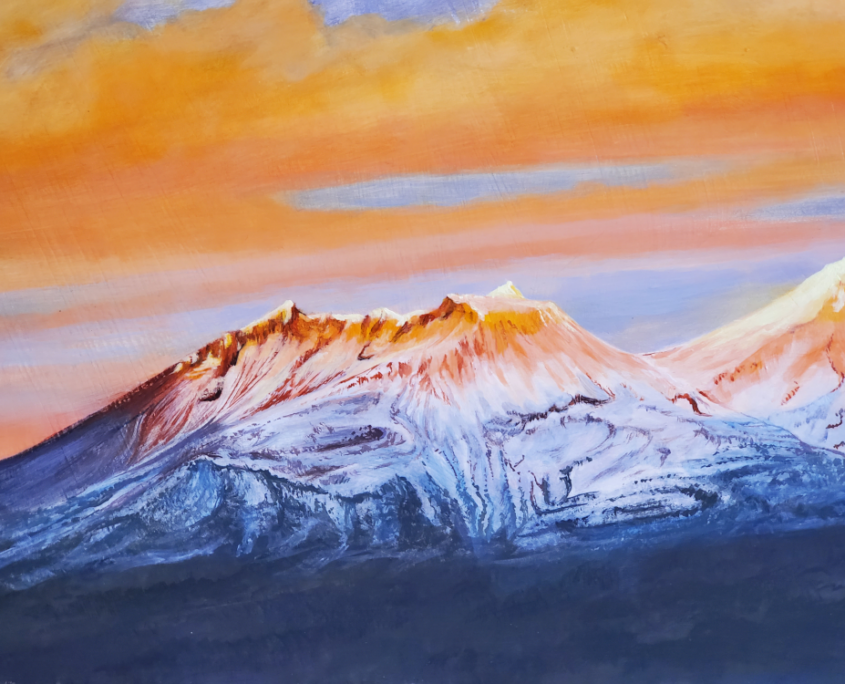 04_mount-shasta-sunset-southwestern-face-painting-yohanna-jessup Detail of Mount Shasta sunset painting showing warm alpenglow and rising shadows