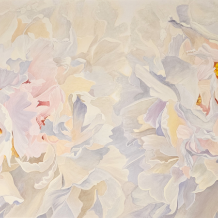 Large-scale original peony painting in soft ivory, blush pink and lavender-grey, two blooms dissolving into a single luminous field, warm amber centers, light visible behind petals — Peonies (Albedo) by Yohanna Jessup, 60 x 30 inches