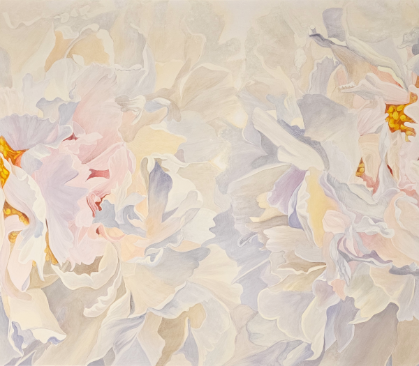Large-scale original peony painting in soft ivory, blush pink and lavender-grey, two blooms dissolving into a single luminous field, warm amber centers, light visible behind petals — Peonies (Albedo) by Yohanna Jessup, 60 x 30 inches