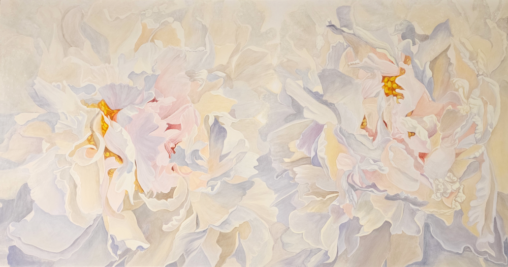 Large-scale original peony painting in soft ivory, blush pink and lavender-grey, two blooms dissolving into a single luminous field, warm amber centers, light visible behind petals — Peonies (Albedo) by Yohanna Jessup, 60 x 30 inches