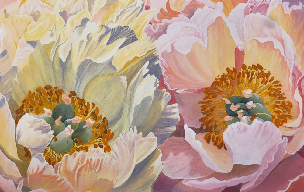 00_peonies_union_yohanna_jessup Peonies (Union) — original floral painting of two coral peonies by Yohanna Jessup, water soluble wax paint on wood panel, 36x24 inches