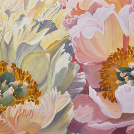 Peonies (Union) — original floral painting of two coral peonies by Yohanna Jessup, water soluble wax paint on wood panel, 36x24 inches