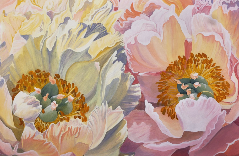 00_peonies_union_yohanna_jessup Peonies (Union) — original floral painting of two coral peonies by Yohanna Jessup, water soluble wax paint on wood panel, 36x24 inches