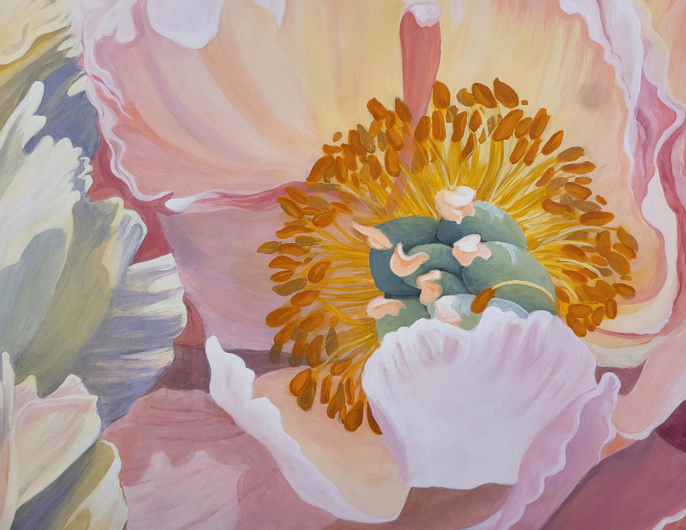 01_peonies_union_detail_yohanna_jessup Detail of Peonies (Union) — golden centers of right coral peony, original painting by Yohanna Jessup, water soluble wax paint