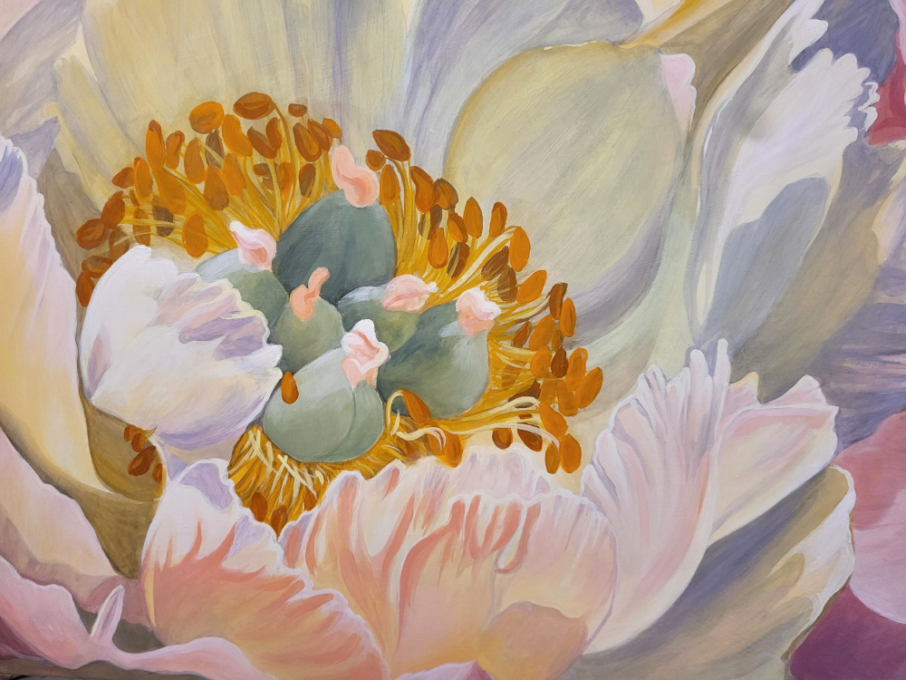 02_peonies_union_detail_yohanna_jessup Detail of Peonies (Union) — golden center of left coral peony, original painting by Yohanna Jessup, water soluble wax paint