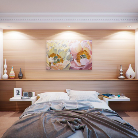 Original peony painting in a serene bedroom setting — Peonies (Union) by Yohanna Jessup, fine art for partnership and relationship spaces