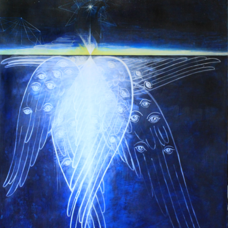 Aquila, an original painting by Yohanna Jessup — luminous wings covered in eyes rising toward an eagles's head in starlit sky with etched geometric forms and golden light, water soluble wax paint on wood panel