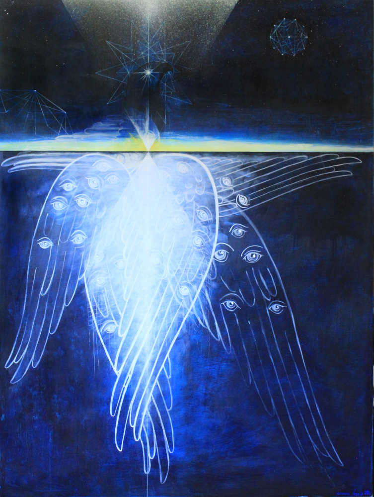 08_aquila_yohanna_jessup Aquila, an original painting by Yohanna Jessup — luminous wings covered in eyes rising toward an eagles's head in starlit sky with etched geometric forms and golden light, water soluble wax paint on wood panel