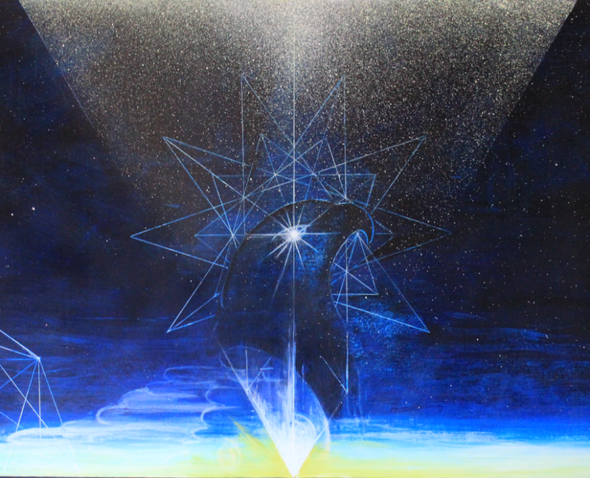 09_aquila_detail_yohanna_jessup Detail of Aquila by Yohanna Jessup, showing etched geometric star forms, an eagle silhouette, and golden light in the upper portion of the painting