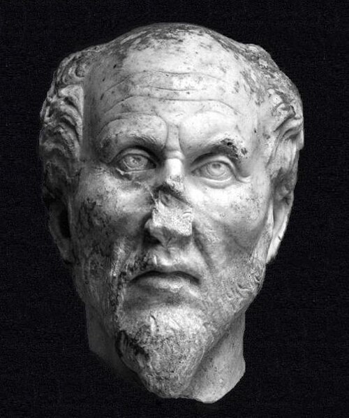 Plotinos_attributed Marble bust traditionally identified as the philosopher Plotinus, Ostia, 4th century CE