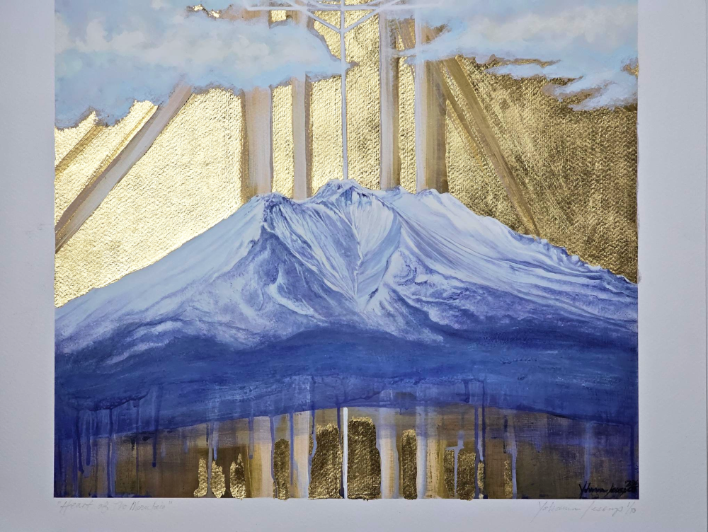 02_heart_of_the_mountain_luxprint_18x24_yohanna_jessup Detail of Heart of the Mountain, a hand painted and gilded LUX print of Mt Shasta by artist Yohanna Jessup