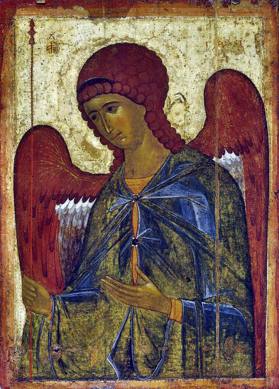 Gabriel_from_Vysotsky_chin_(14c,_Tretyakov_gallery) Late 14th-century Russian icon of Archangel Gabriel against a gold ground, from the Vysotsky Deesis row.