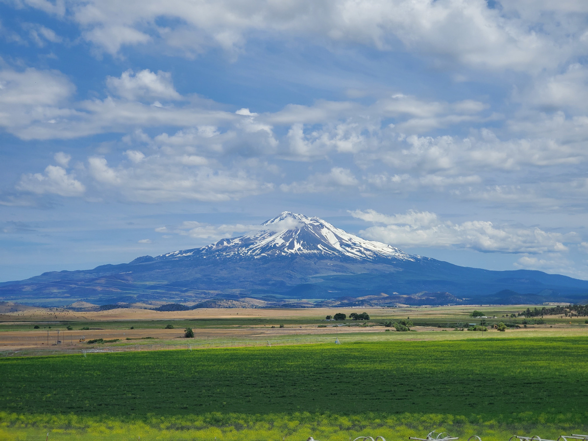 mt_shasta_northwest_view_yohanna_jessup Mount Shasta as viewed from the northwest rising above the surrounding volcanic plateau in Northern California