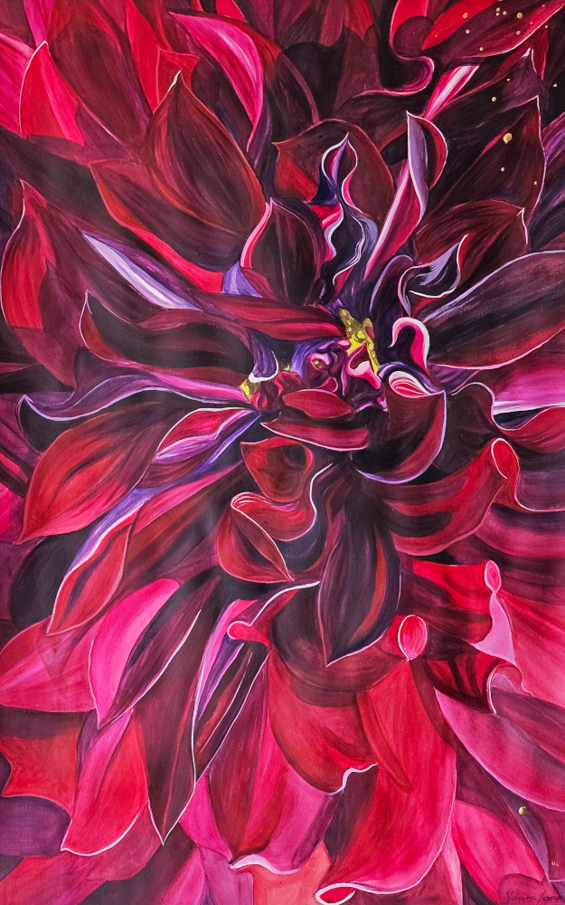 Precious, a mixed media painting of a deep red Chat Noir dahlia with 24k gold drops, by Yohanna Jessup